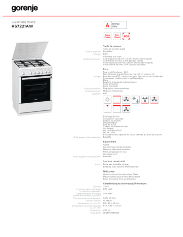 Manuel du propriétaire | Gorenje K67221AW Manuel utilisateur | Fixfr