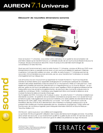 Manuel du propriétaire | Terratec AUREON7.1UNIVERSE TECHNICAL DATA Manuel utilisateur | Fixfr