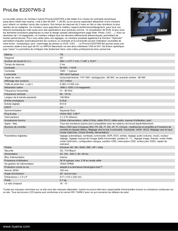 Manuel du propriétaire | iiyama PROLITE E2207WS-2 Manuel utilisateur | Fixfr