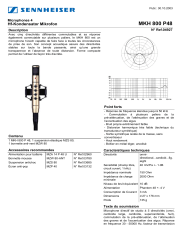 Manuel du propriétaire | Sennheiser MKH 800 P48 Manuel utilisateur | Fixfr