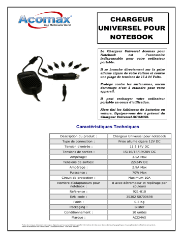 Manuel du propriétaire | ACOMAX CHARGEUR UNIVERSEL Manuel utilisateur | Fixfr