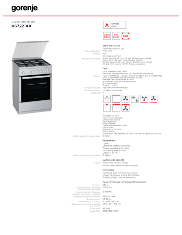 Manuel du propriétaire | Gorenje K67221AX Manuel utilisateur | Fixfr