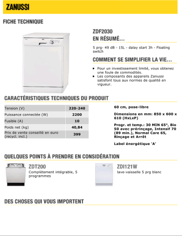 Manuel du propriétaire | Zanussi ZDF2030 Manuel utilisateur | Fixfr