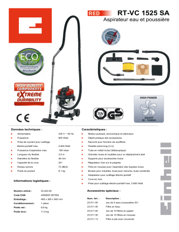 Manuel du propriétaire | EINHELL RT-VC1525 SA Manuel utilisateur | Fixfr