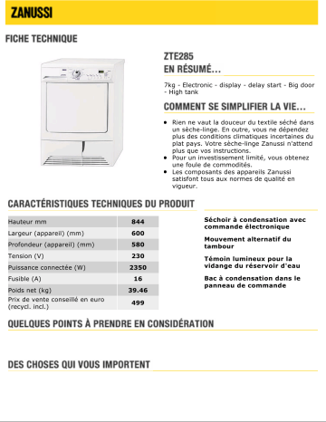 Manuel du propriétaire | Zanussi ZTE285 Manuel utilisateur | Fixfr