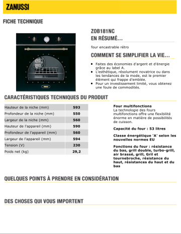 Manuel du propriétaire | Zanussi ZOB181NC Manuel utilisateur | Fixfr