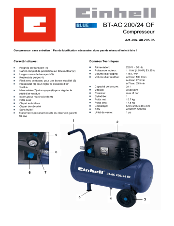 Manuel du propriétaire | EINHELL BT-AC 200-24 OF Manuel utilisateur | Fixfr