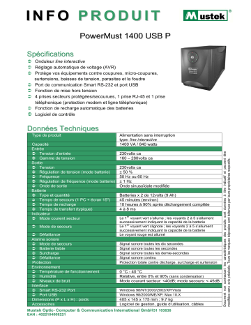 Manuel du propriétaire | Mustek POWERMUST 1400 USB P Manuel utilisateur | Fixfr