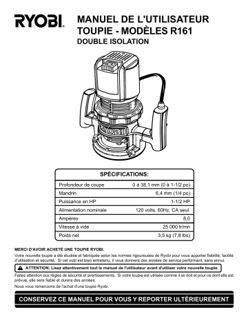 Manuel du propriétaire | Ryobi R161 Manuel utilisateur | Fixfr