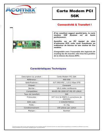 Manuel du propriétaire | ACOMAX CARTE MODEM PCI 56K Manuel utilisateur | Fixfr