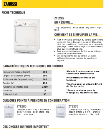 Manuel du propriétaire | Zanussi ZTE275 Manuel utilisateur | Fixfr