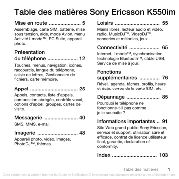 Manuel du propriétaire | Sony Ericsson K550IM Manuel utilisateur | Fixfr