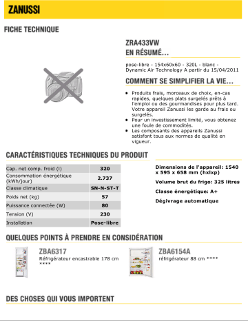 Manuel du propriétaire | Zanussi ZRA433VW Manuel utilisateur | Fixfr