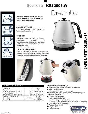 Manuel du propriétaire | DeLonghi DISTINCTA KBI2000.BZDISTINCTA KBI2001.WKBI2001.BLKBI2001.RKBI2001.S Manuel utilisateur | Fixfr