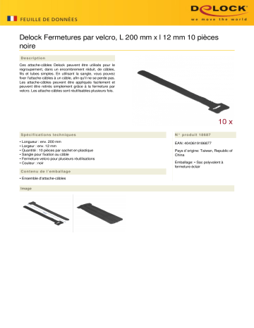 DeLOCK 18687 Hook-and-loop fasteners L 200 mm x W 12 mm 10 pieces black Fiche technique | Fixfr