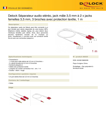 DeLOCK 66522 Audio Splitter stereo jack male 3.5 mm to 2 x stereo jack female 3.5 mm 3 pin Fiche technique | Fixfr