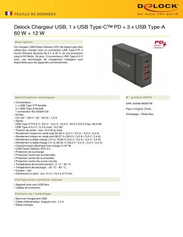 DeLOCK 63974 USB Charger 1 x USB Type-C™ PD + 3 x USB Type-A 60 W + 12 W Fiche technique | Fixfr