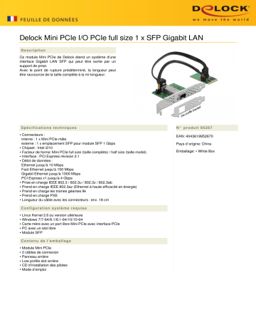 DeLOCK 95267 Mini PCIe I/O PCIe full size 1 x SFP Gigabit LAN Fiche technique | Fixfr