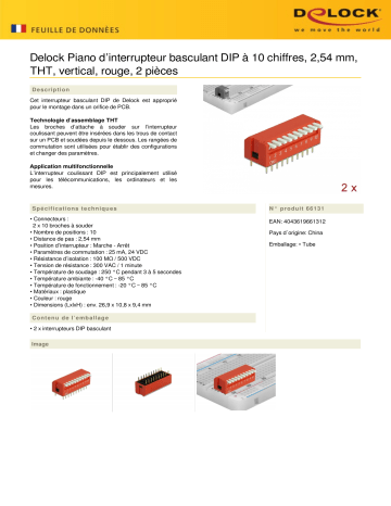 DeLOCK 66131 DIP flip switch piano 10-digit 2.54 mm pitch THT vertical red 2 pieces Fiche technique | Fixfr