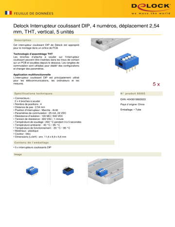 DeLOCK 66093 DIP sliding switch 4-digit 2.54 mm pitch THT vertical blue 5 pieces Fiche technique | Fixfr