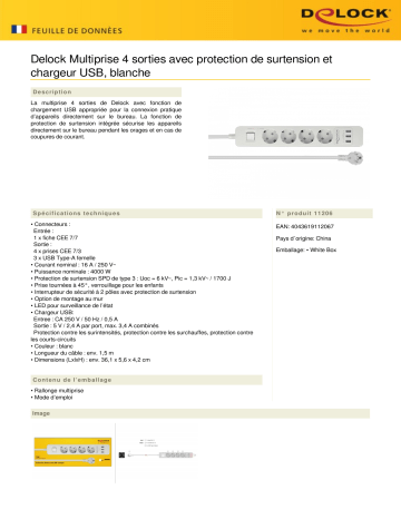 DeLOCK 11206 Extension Socket 4-way Fiche technique | Fixfr