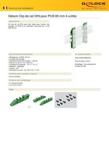 DeLOCK 66261 DIN rail clip for PCB 85 mm 4 pieces Fiche technique | Fixfr