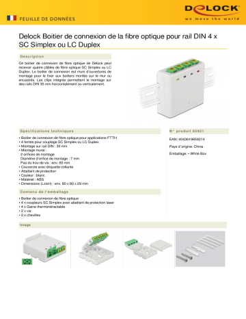 DeLOCK 85921 Optical Fiber Connection Box for DIN Rail 4 x SC Simplex or LC Duplex Fiche technique | Fixfr