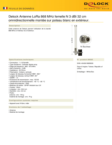 DeLOCK 89583 LoRa 868 MHz Antenna N jack 3 dBi 32 cm omnidirectional fixed pole mount white outdoor Fiche technique | Fixfr