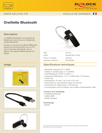 DeLOCK 61770 Bluetooth Headset Fiche technique | Fixfr