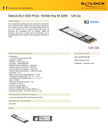 DeLOCK 54078 M.2 SSD PCIe / NVMe Key M 2280 - 128 GB  Fiche technique | Fixfr