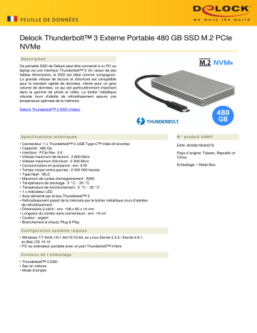DeLOCK 54007 Thunderbolt™ 3 External Portable 480 GB SSD M.2 PCIe NVMe Fiche technique | Fixfr