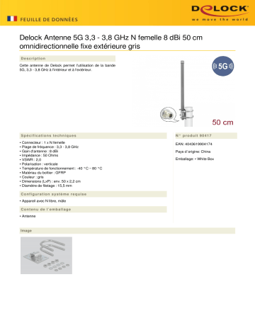 DeLOCK 90417 5G 3.3 - 3.8 GHz Antenna N jack 8 dBi 50 cm omnidirectional fixed outdoor grey Fiche technique | Fixfr