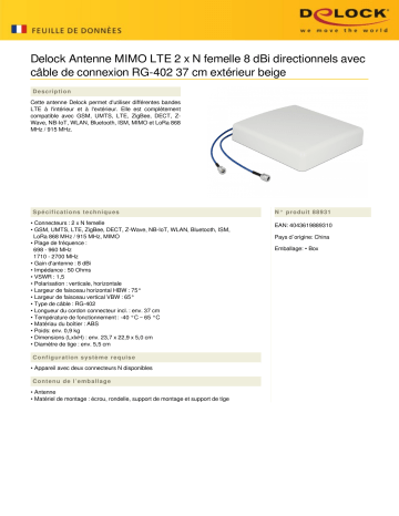 DeLOCK 88931 LTE MIMO Antenna 2 x N jack 8 dBi directional Fiche technique | Fixfr