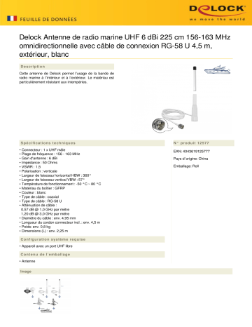 DeLOCK 12577 Marine radio 156-163 MHz antenna UHF plug 6 dBi 225 cm omnidirectional Fiche technique | Fixfr