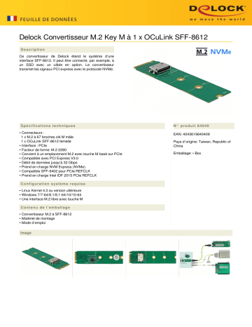 DeLOCK 64040 M.2 Key M to 1 x OCuLink SFF-8612 Converter Fiche technique | Fixfr