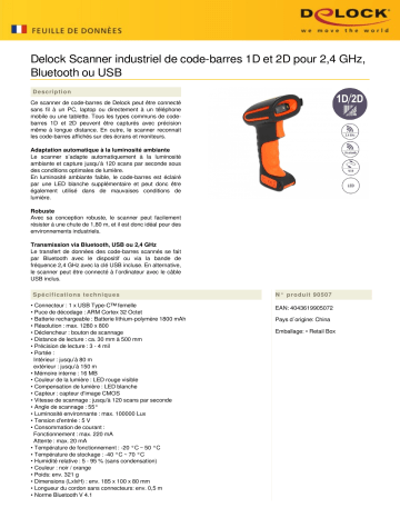 DeLOCK 90507 Industrial Barcode Scanner 1D and 2D for 2.4 GHz, Bluetooth or USB Fiche technique | Fixfr