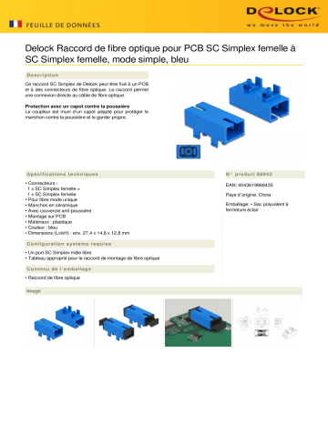 DeLOCK 86943 Optic Fiber Coupler for PCB SC Simplex female to SC Simplex female Single-mode blue Fiche technique | Fixfr