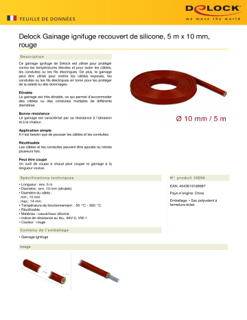 DeLOCK 18898 Fire-Proof Sleeving Silicone-Coated 5 m x 10 mm red Fiche technique | Fixfr
