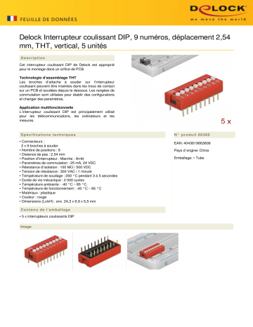 DeLOCK 66360 DIP sliding switch 9-digit 2.54 mm pitch THT vertical red 5 pieces Fiche technique | Fixfr