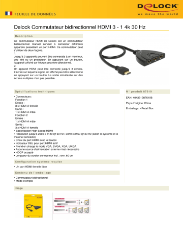 DeLOCK 87619 HDMI 3 - 1 Switch bidirectional 4k 30 Hz Fiche technique | Fixfr