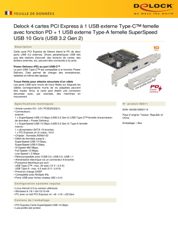 DeLOCK 90011 PCI Express x4 Card to 1 x external USB Type-C™ female Fiche technique | Fixfr