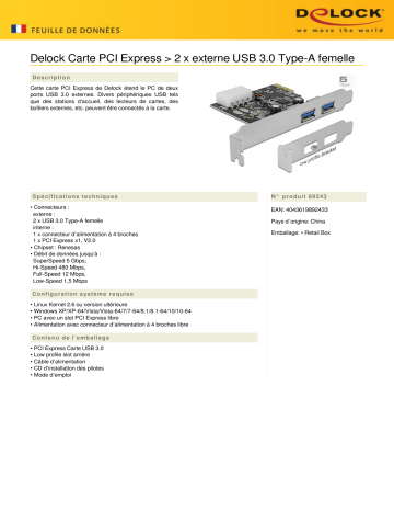 DeLOCK 89243 PCI Express Card > 2 x external USB 3.0 Type-A female Fiche technique | Fixfr