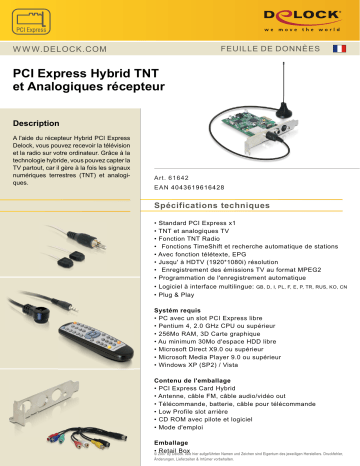 DeLOCK 61642 PCI Express Hybrid DVB-T and Analogue Receiver Fiche technique | Fixfr