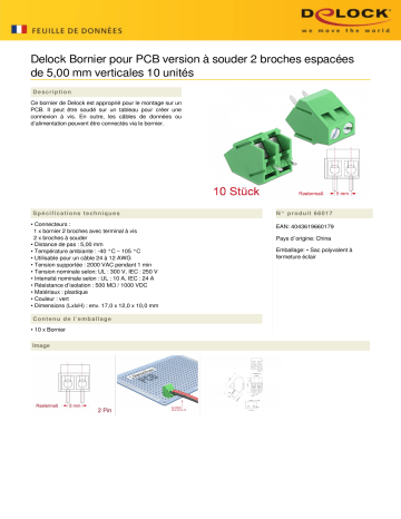 DeLOCK 66017 Terminal block for PCB soldering version 2 pin 5.00 mm pitch vertical 10 pieces Fiche technique | Fixfr