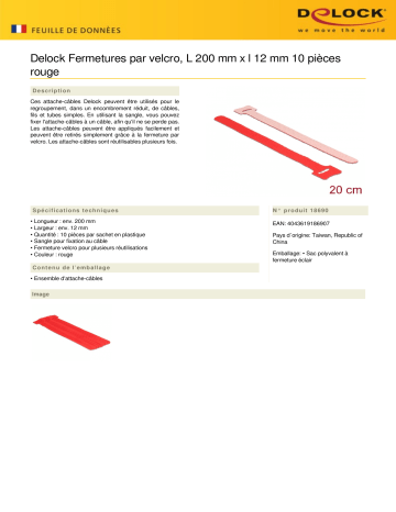 DeLOCK 18690 Hook-and-loop fasteners L 200 mm x W 12 mm 10 pieces red Fiche technique | Fixfr