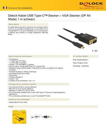 DeLOCK 85261 Kabel USB Type-C™ Stecker > VGA Stecker (DP Alt Mode) 1 m schwarz Fiche technique | Fixfr