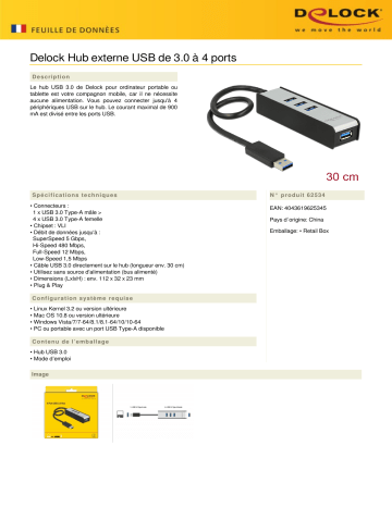 DeLOCK 62534 USB 3.0 External Hub 4 Port Fiche technique | Fixfr