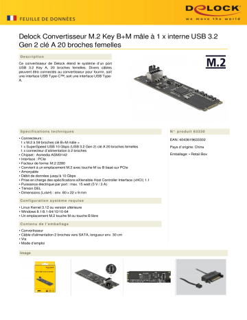 DeLOCK 63330 Converter M.2 Key B+M male to 1 x internal USB 3.2 Gen 2 key A 20 pin female Fiche technique | Fixfr