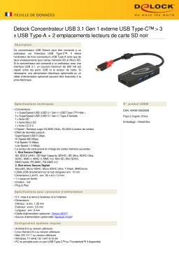 DeLOCK 62900 External USB 3.1 Gen 1 Hub USB Type-C™ > 3 x USB Type-A + 2 Slot SD Card Reader black  Fiche technique