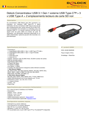 DeLOCK 62900 External USB 3.1 Gen 1 Hub USB Type-C™ > 3 x USB Type-A + 2 Slot SD Card Reader black  Fiche technique | Fixfr